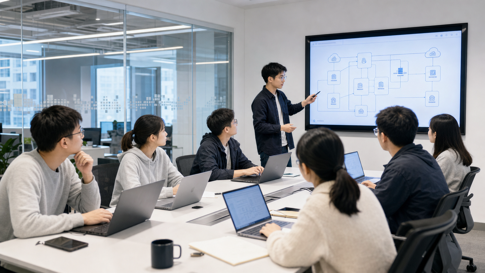 公司会议室年轻程序员评审会议